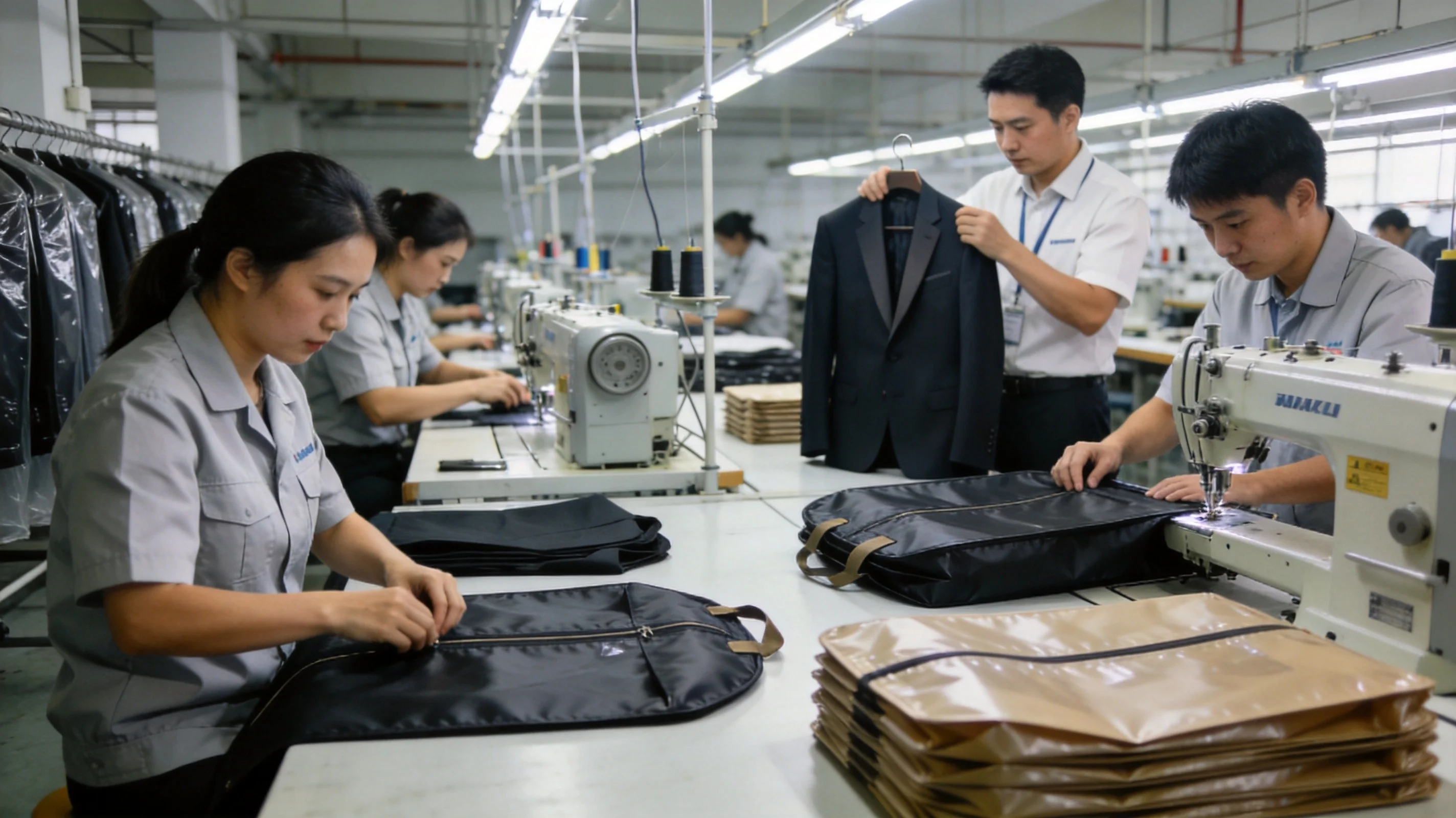 Custom garment bag factory production line showing quality inspection and manufacturing