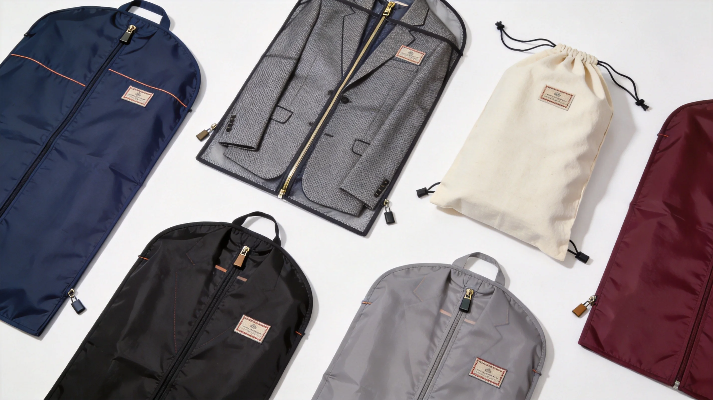Custom garment bag manufacturer - collection of breathable suit covers, nylon garment bags, and travel garment bags in multiple colors
