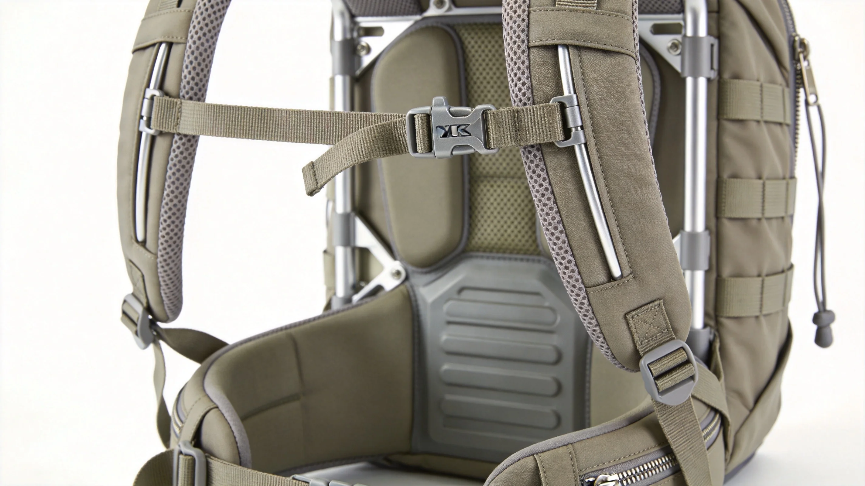 Custom hiking backpack close-up showing padded shoulder straps, aluminum frame, hydration compartment, and MOLLE attachment system