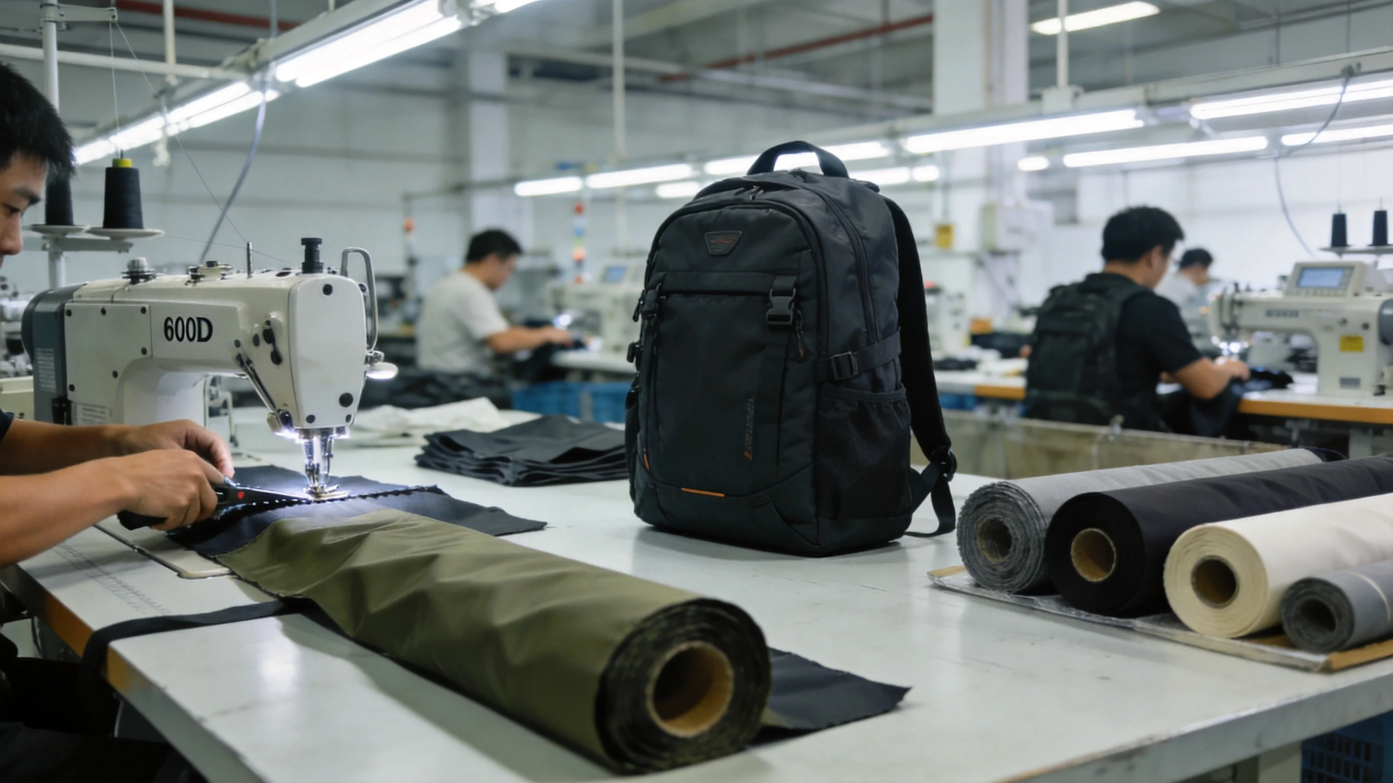 Custom hiking backpack factory production line showing sewing, frame assembly, and quality inspection