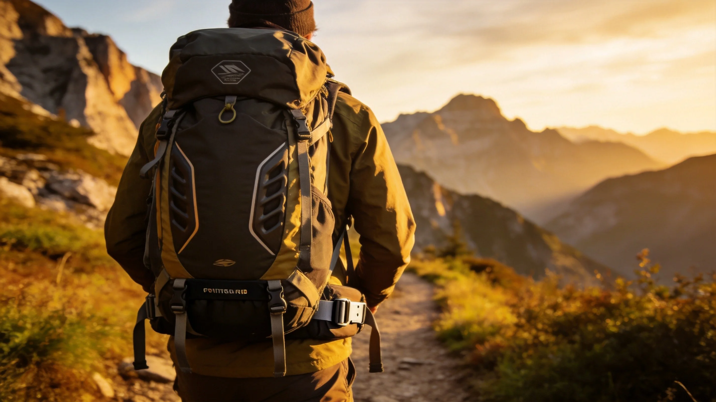 Hiker wearing a custom trekking backpack on mountain trail at golden hour showing ergonomic back panel and load distribution
