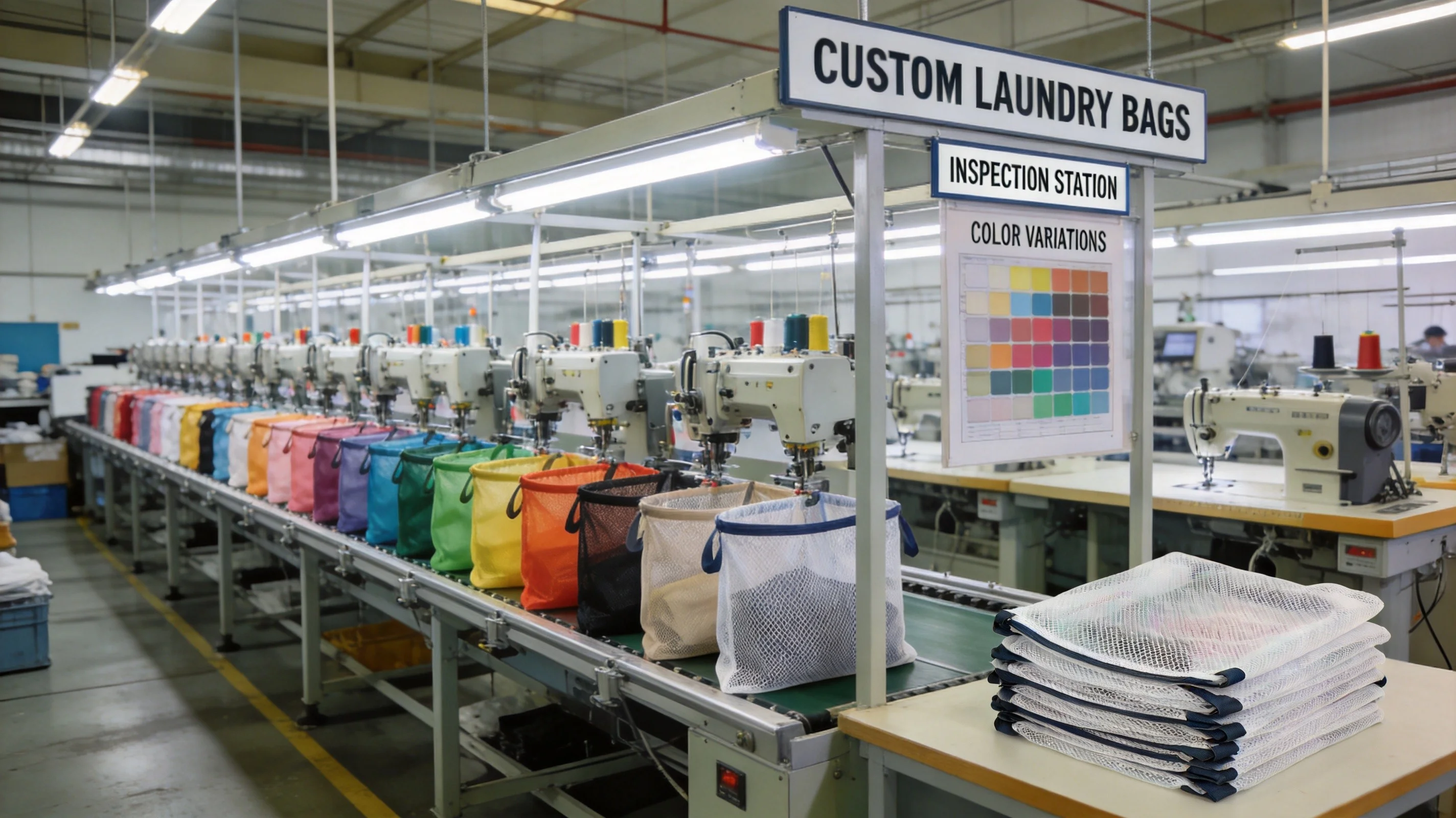 Custom laundry bag factory production line showing quality inspection and manufacturing