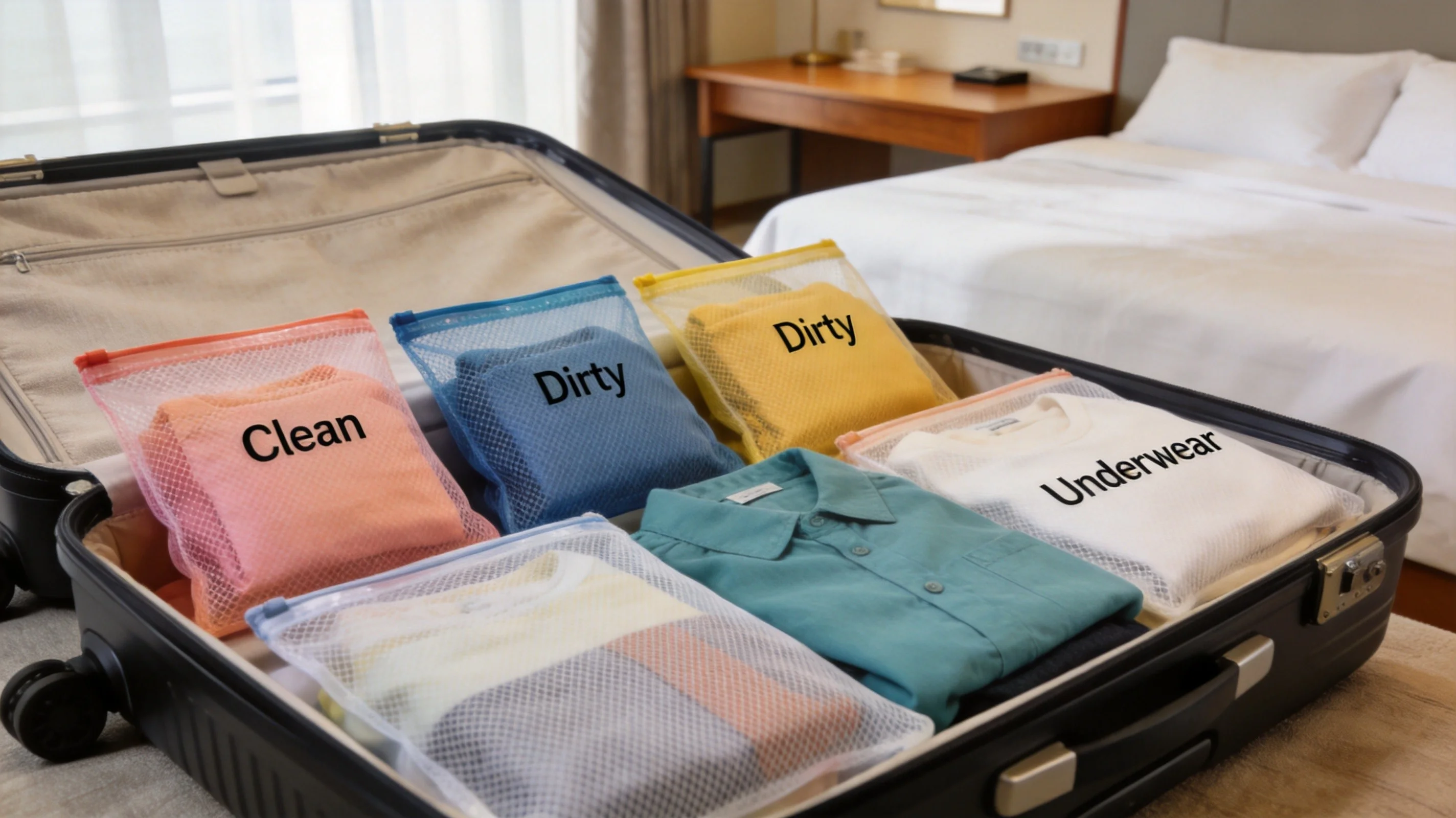 Travel laundry bag inside suitcase showing packing organization system