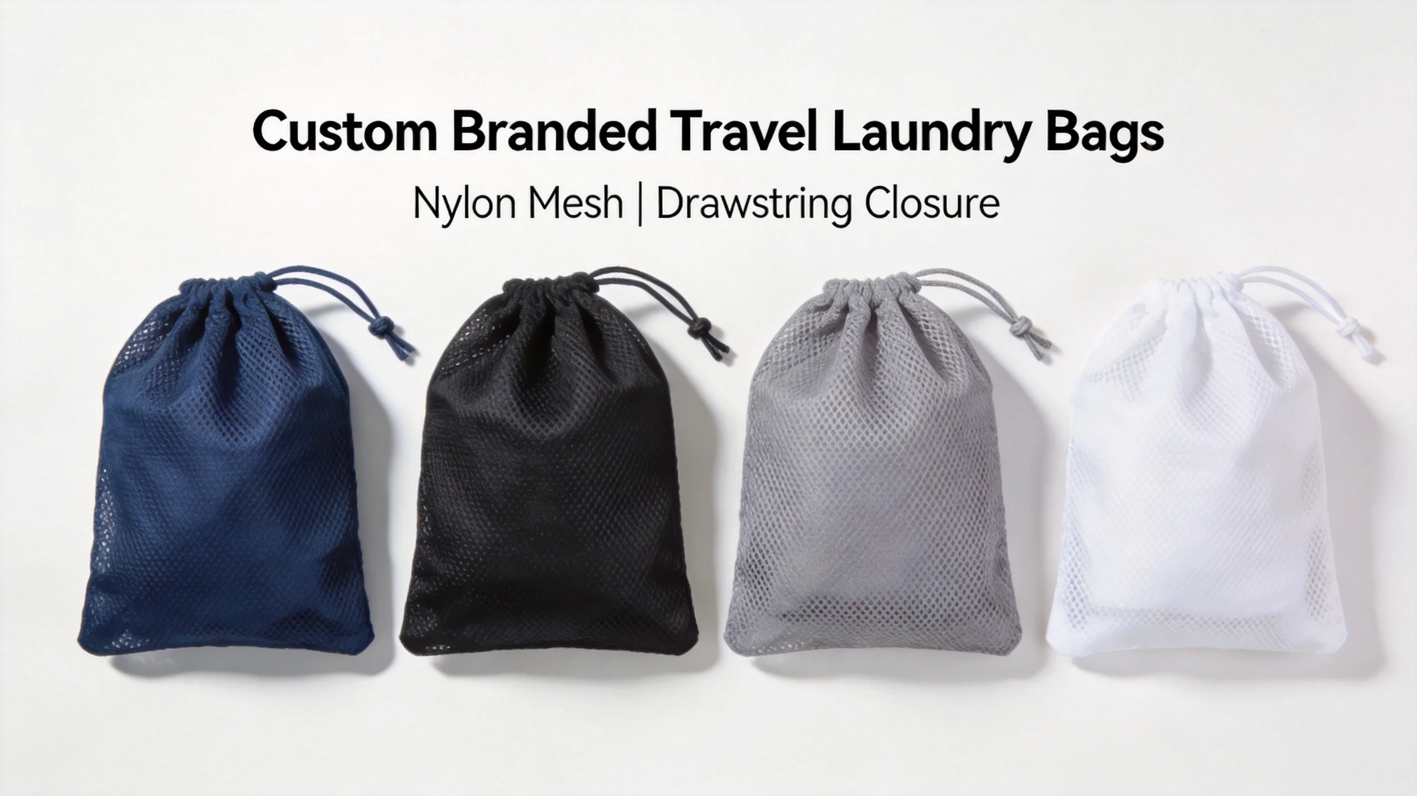 Custom laundry bag manufacturer - collection of nylon mesh travel laundry bags in multiple colors