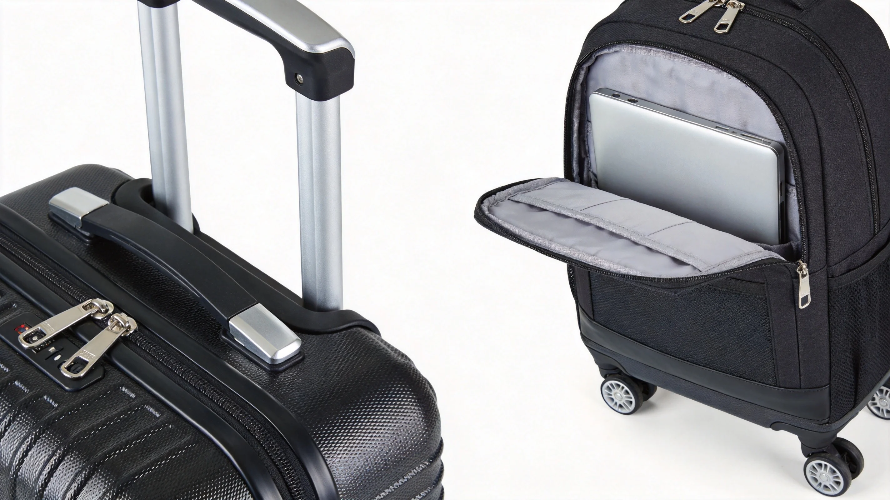 Custom rolling backpack close-up showing telescoping aluminum handle, inline skate wheels, and padded laptop compartment