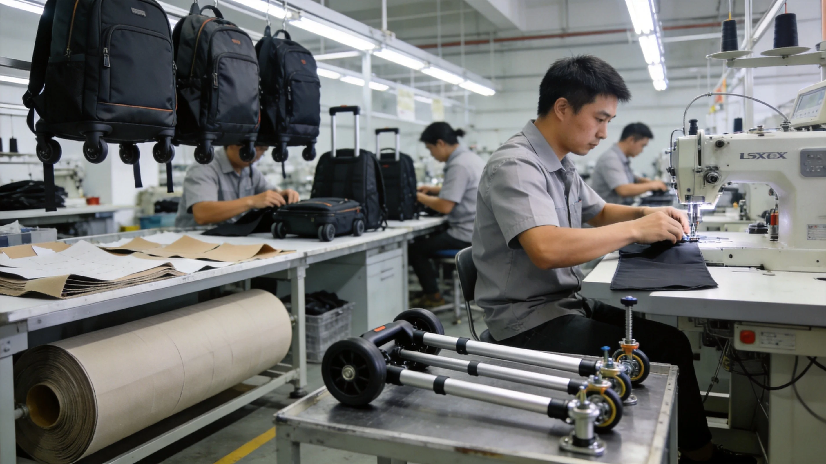 Custom rolling backpack factory production line showing wheel assembly, handle testing, and quality inspection