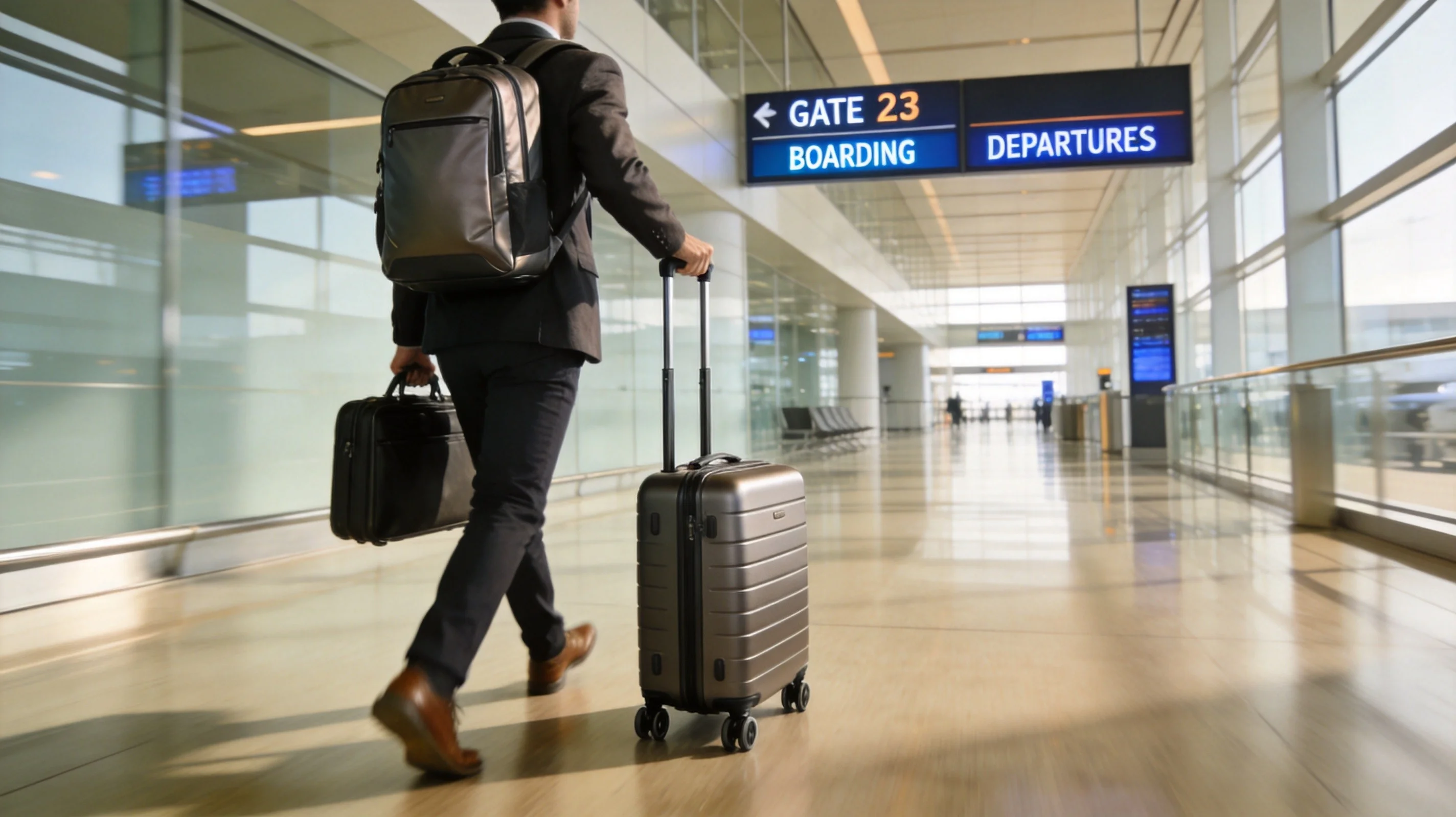 Business traveler using a rolling backpack in modern airport terminal with telescoping handle and wheeled base