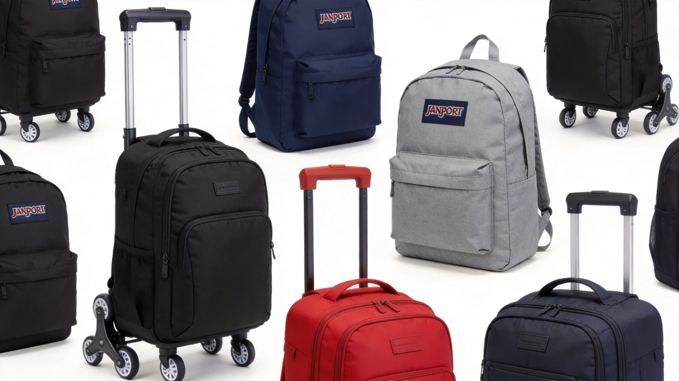 Custom rolling backpack manufacturer - collection of wheeled backpacks, rolling daypacks, and hybrid travel rollers in various colors