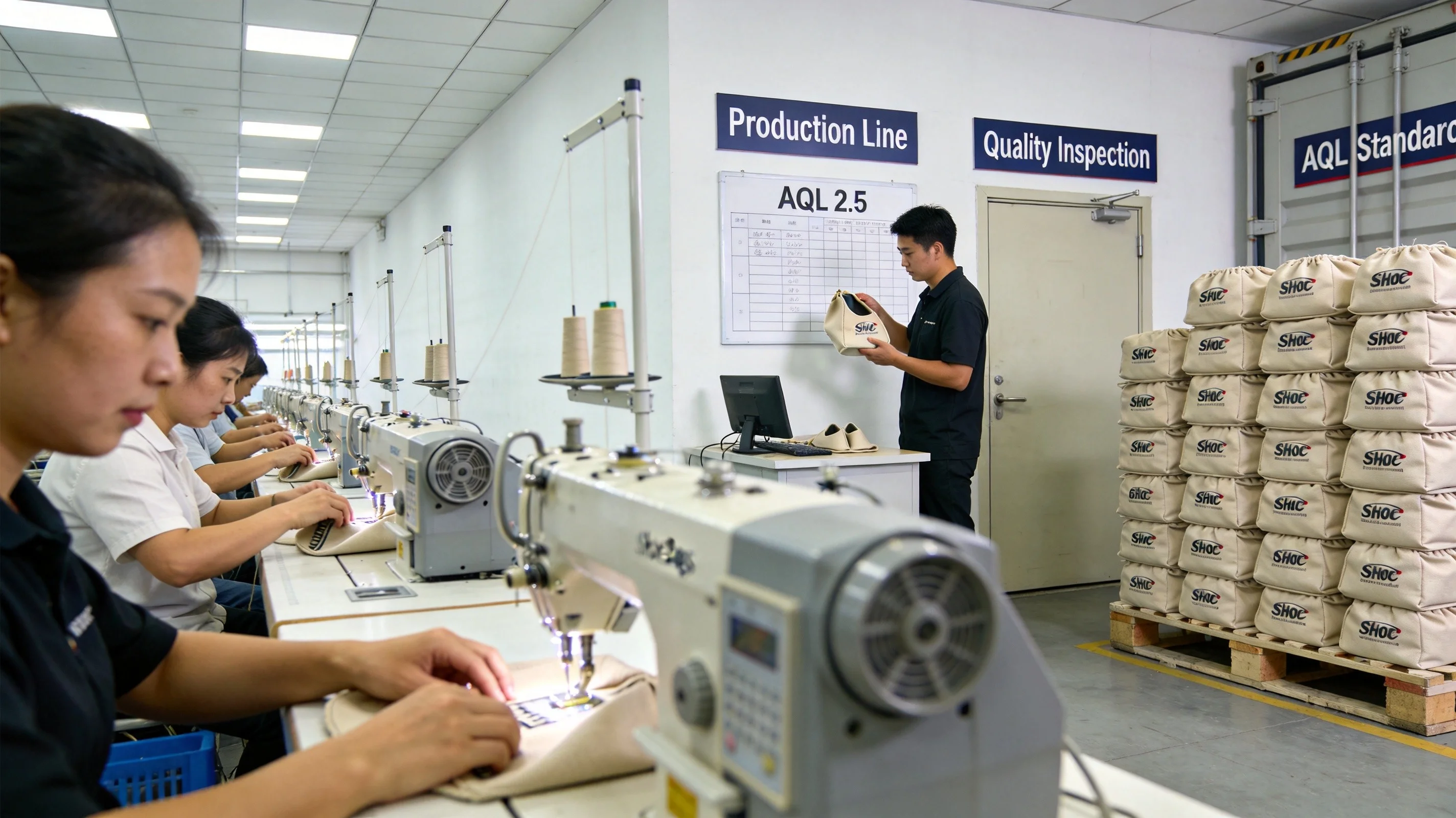 Custom shoe bag factory production line showing quality inspection and manufacturing