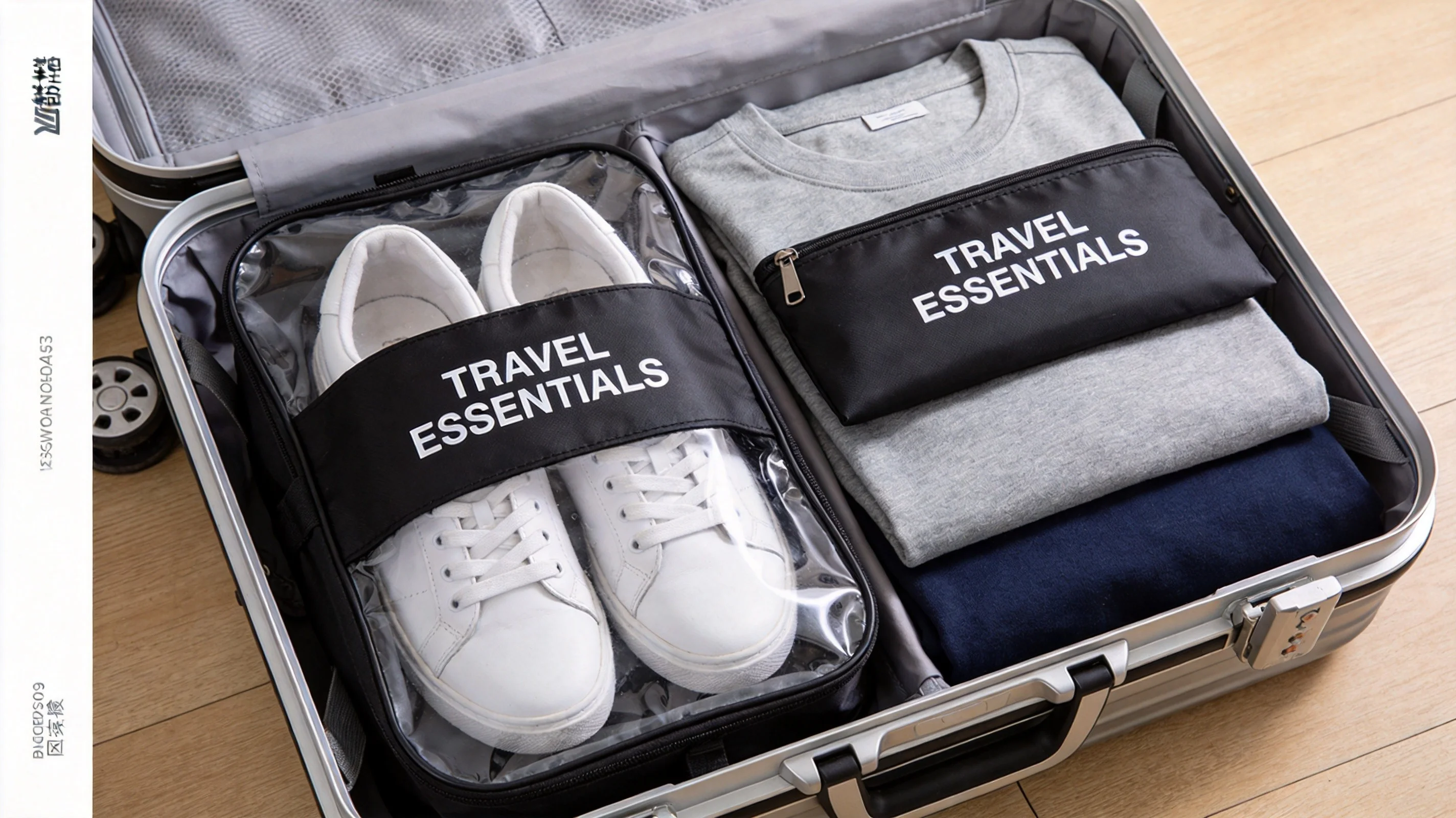 Travel shoe bag inside suitcase showing packing organization system keeping shoes separate from clothes