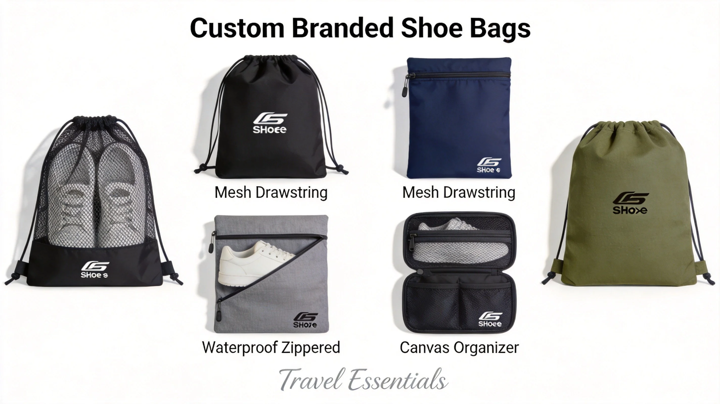 Custom shoe bag manufacturer - collection of mesh drawstring and waterproof sneaker bags in multiple colors